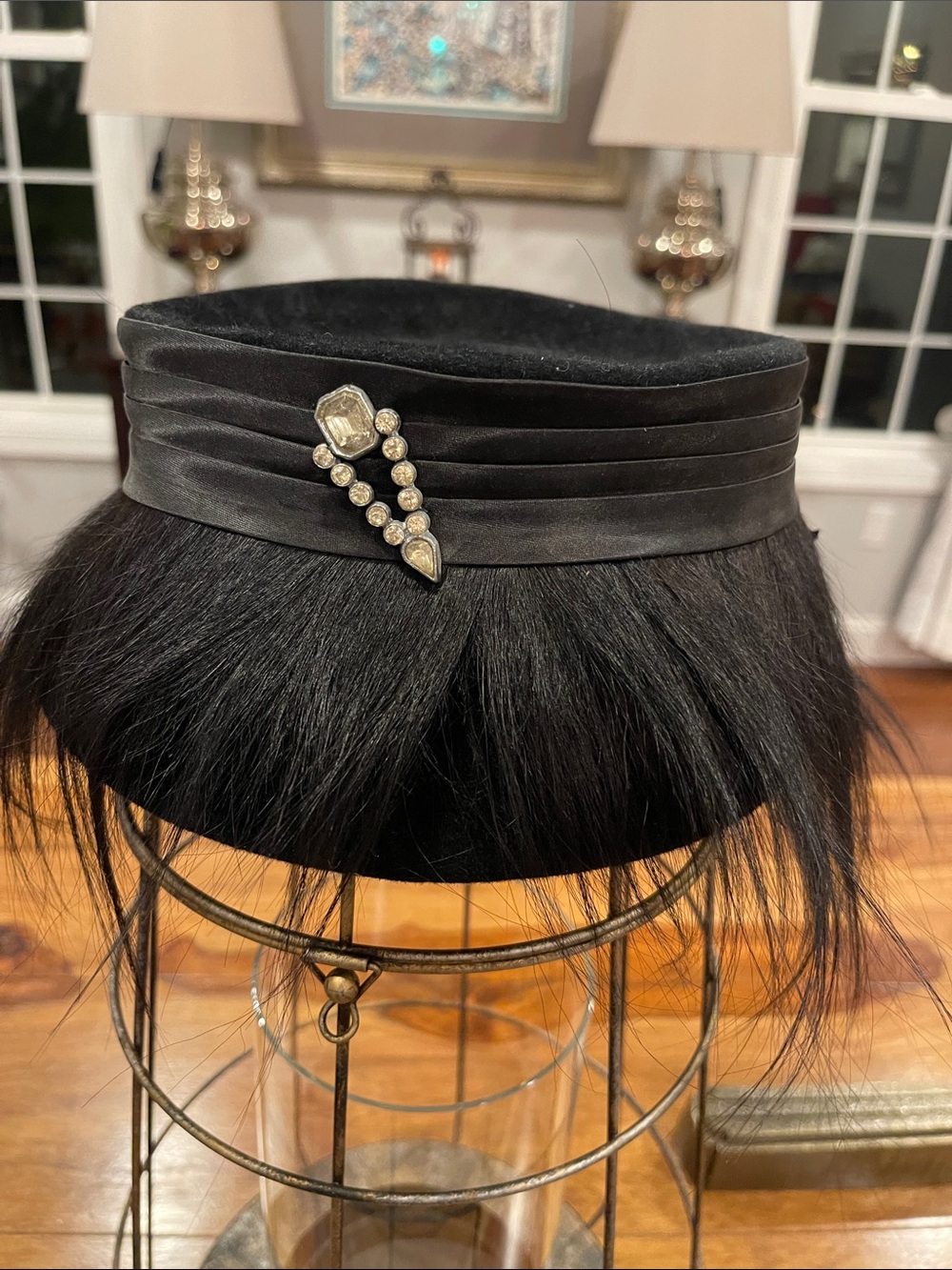 Vintage Black Velvet Pillbox Hat with Decorative Jewel Accent